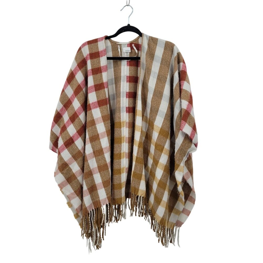 Sonoma Picnic Plaid Boho Blanket Shawl Wrap Poncho Tassel Fringe Warm Tones